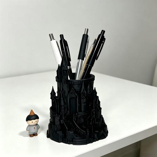 Dark Castle Pen Holder Large-Diameter Storage Desktop Organizer with 3D Micro-Landscape Design Distressed Black Gray Texture Durable Fantasy Decor