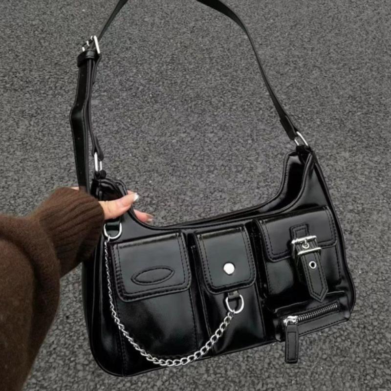 Women Biker Bag Multi Pocket Commuter Shoulder Solid Color Slant Cross Chain Bag