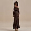 Autumn New European and American Women's Clothing Fashion Temperament Solid Color Pleated Slim-fitting Long-sleeved One-word Shoulder Dress