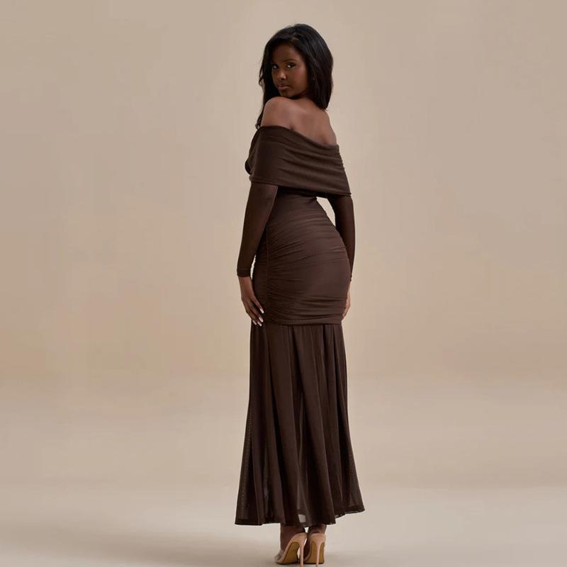 Autumn New European and American Women's Clothing Fashion Temperament Solid Color Pleated Slim-fitting Long-sleeved One-word Shoulder Dress