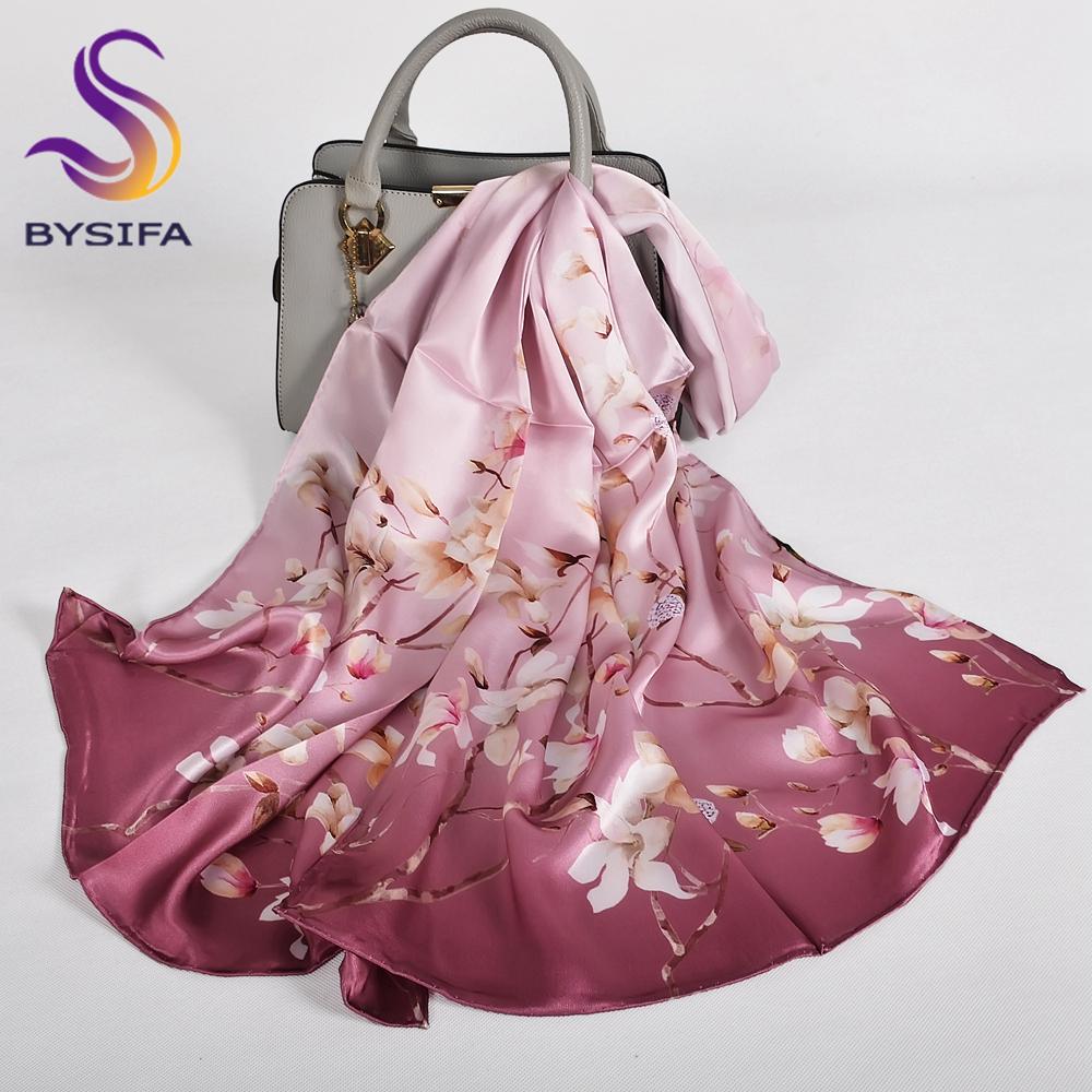 BYSIFA|Fall Winter Pink Silk Scarf Hijab Elegant Magnolia Long Scarves Shawls Fashion Accessories Brand Head Neck Scarves Wraps