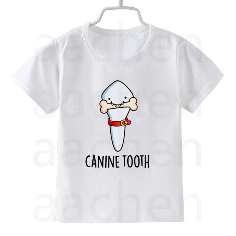 Tooth Dentist Cartoon Print Kid Cute White T Shirt Children Short Sleeve Clothing Funny Cartoon Party Top Boys and Girl Tshirt