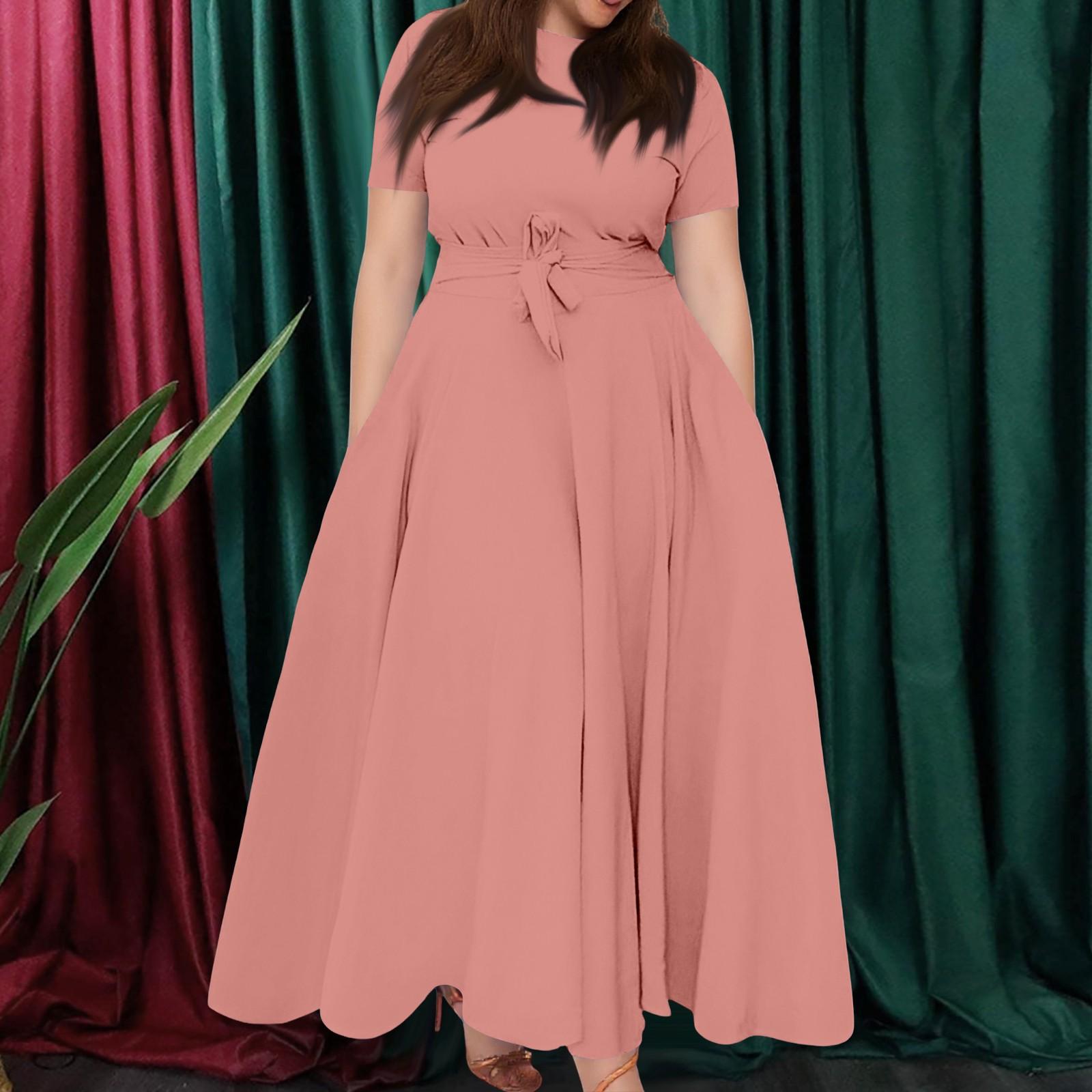

Women s Casual Fashion Large Size Solid Color Round Neck Short Sleeve Pocket Straps Swing Dress XXXXXL рожевий