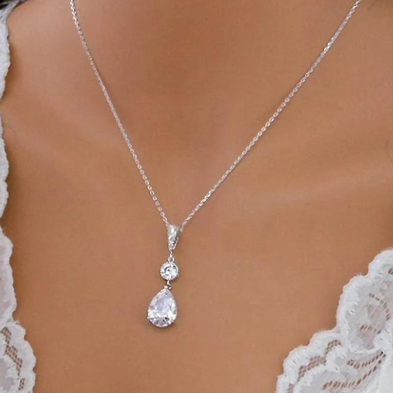 Huitan Trendy Water-drop Zirconia Pendant Necklace Bridal Wedding Accessories Elegant Fashion Female Luxury Engagement Jewelry
