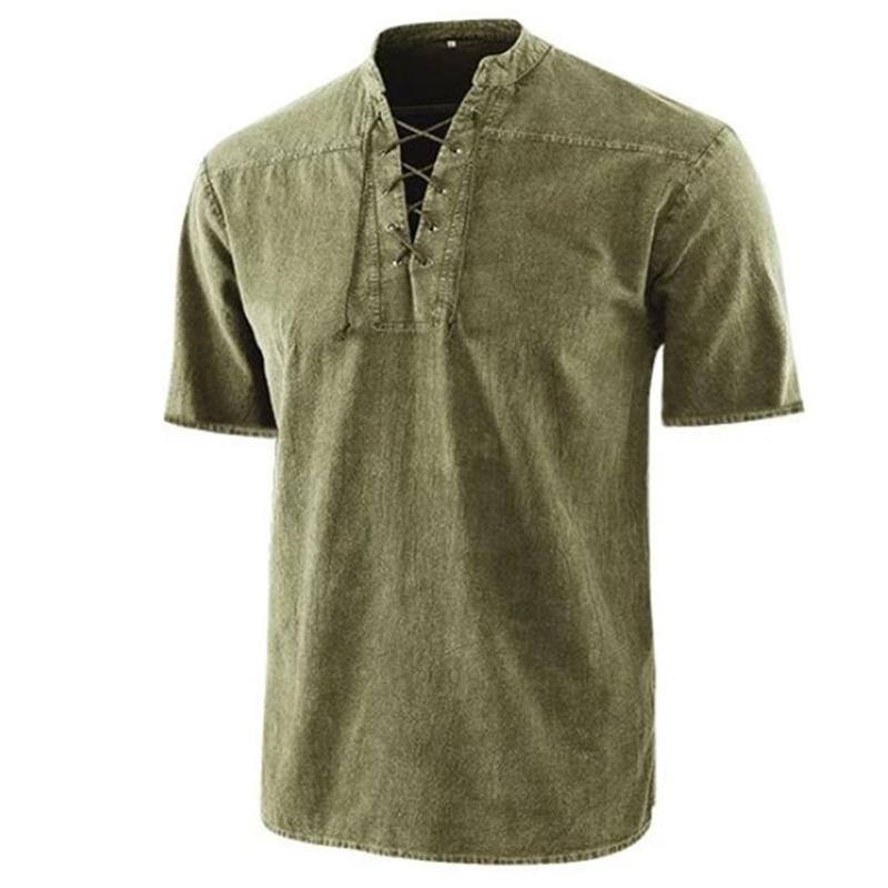 T-shirt à manches courtes et col en V pour homme, haut uni, décontracté, à lacets