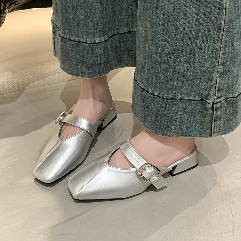 Fashion Low Heel Sandals Spring New Square Head Shallow Mouth Metal Buckle Soft Sole Anti-slip Wear-resistant Slippers