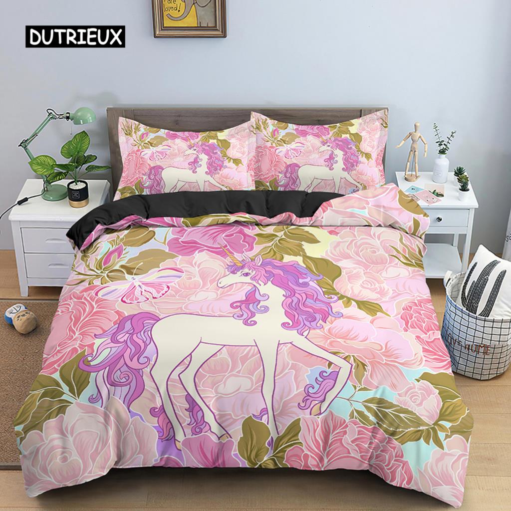Unicorn Duvet Cover Set Cartoon Animal Bedding Set Single Twin King For Kids Girls Polyester Romantic Theme Star Comforter Cover
