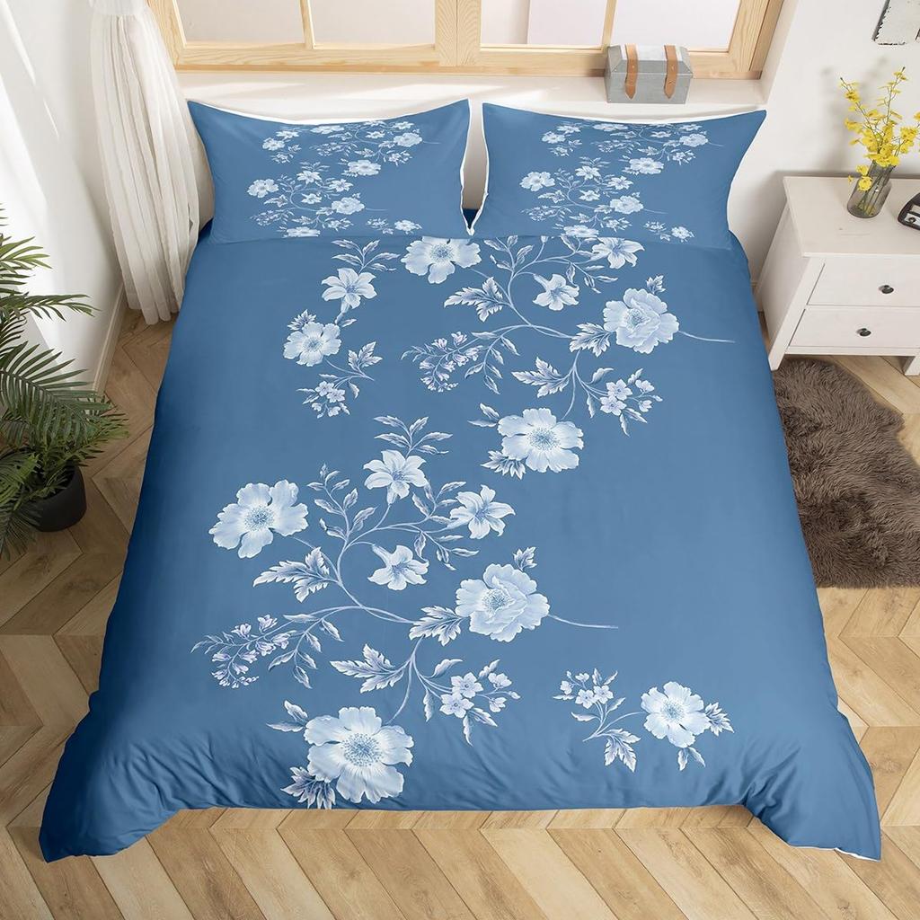 Blue Flowers Duvet Covers For Kids Teens Adults Queen King Lightweight Quilt Cover With 2 Pillowcases Nature Themed Bedding Sets
