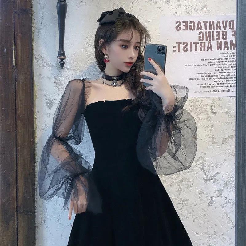 Černé šaty do áčka s vysokým pasem síťovaná gáza Štíhlé sexy šifonové šaty s dlouhým rukávem bez ramínek výstřih dámská móda gotická sladká víla sukně