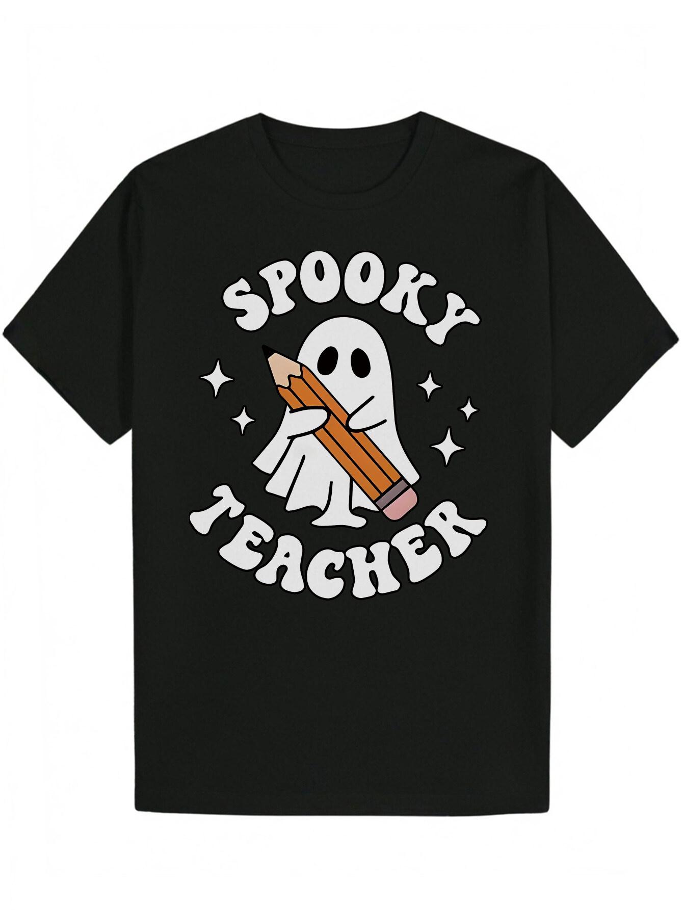 Spooky Teacher Halloween Graphic T-shirt - Black Casual Short Sleeve Round Neck Summer Tee with & Pencil Design S