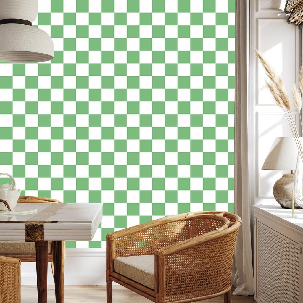 Checkerboard Wallpaper White, Green and Mint for Living Room and Bedroom 50x1000