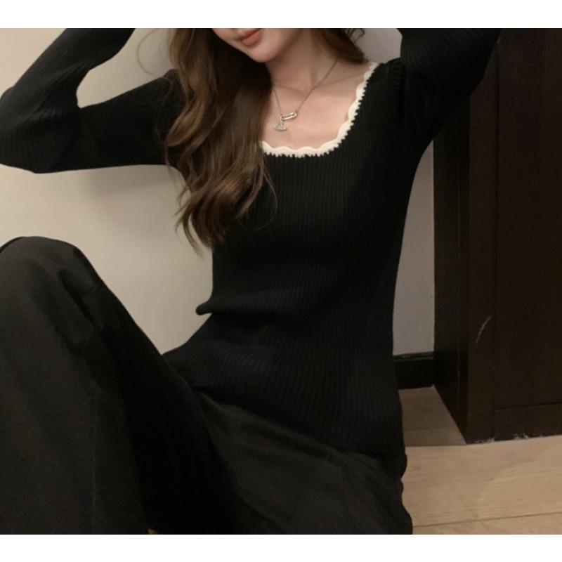 

Большой круглый вырез, ретро темперамент, контрастный цвет, облегающий низ, осенний дизайн, с вязаным пуловером внутри one size fits all чёрный