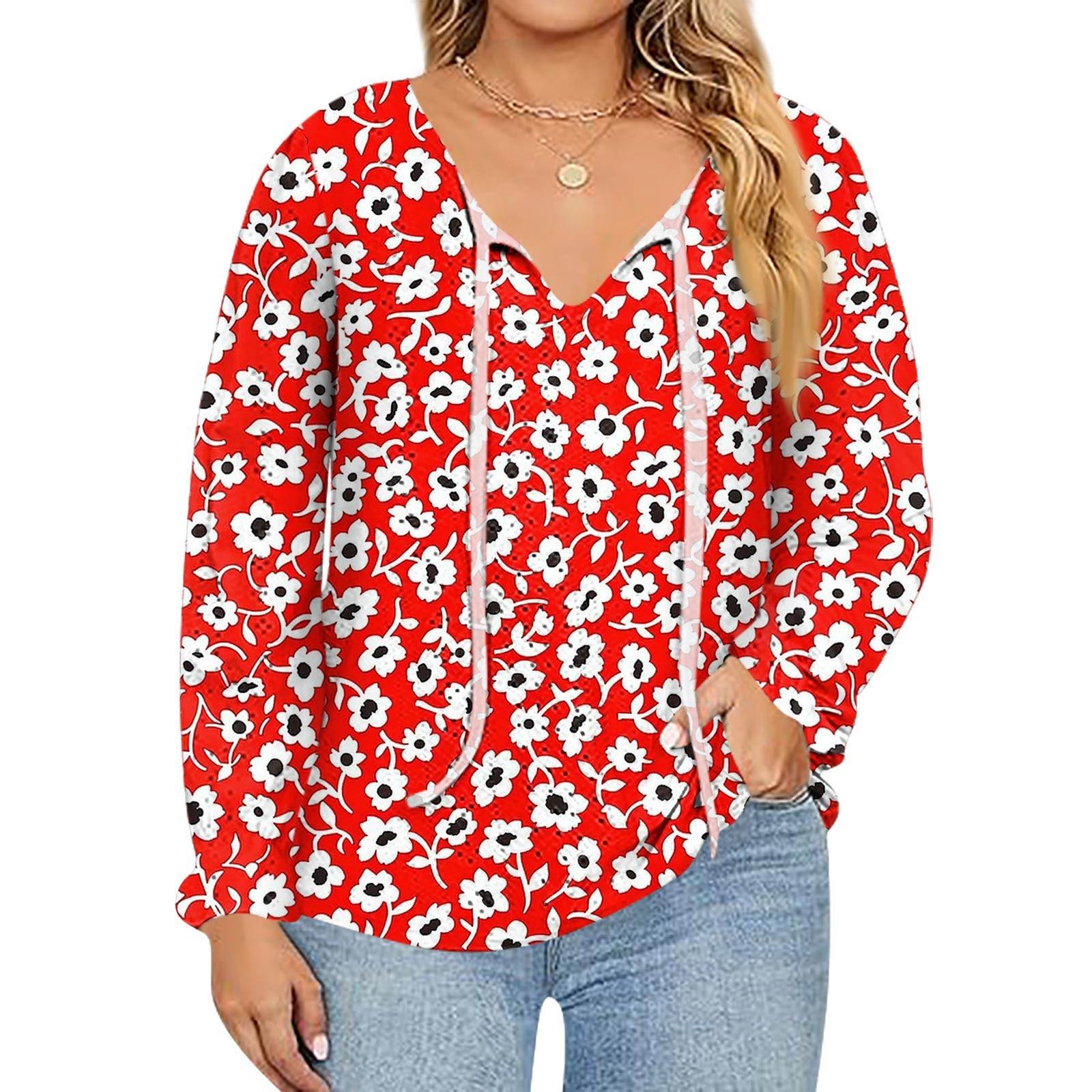

Women s Fashion Printed Casual V-Neck Long Sleeve Top XL червоний