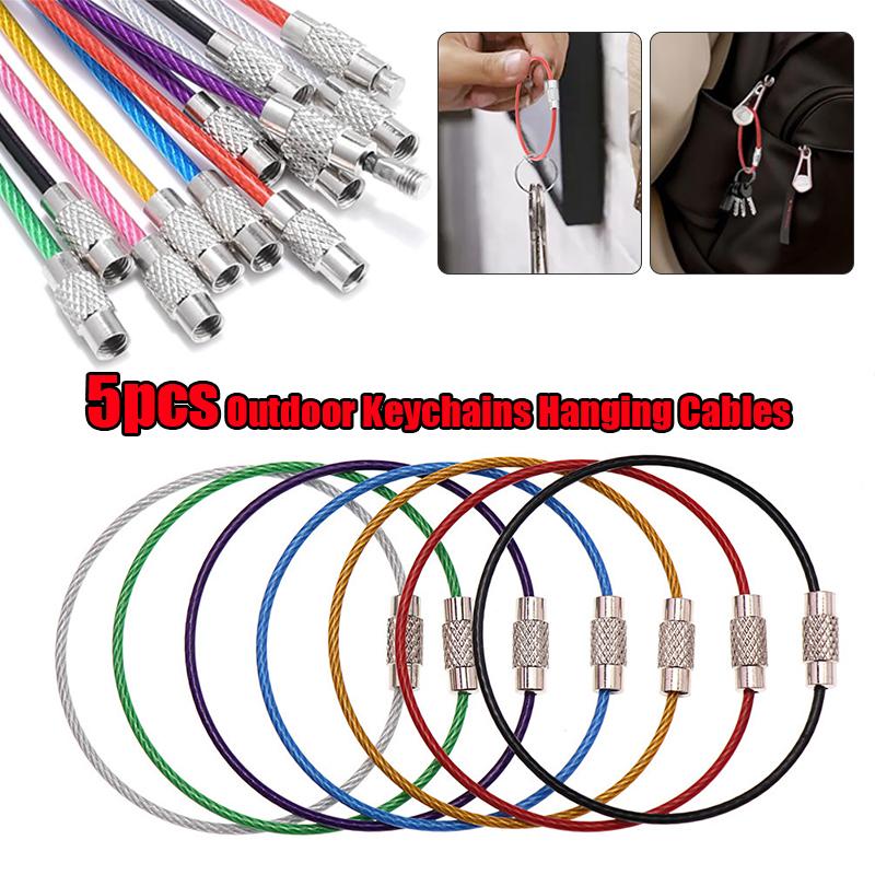 Stainless Steel Keychain Rope Outdoor Rubber Coated Key Ring for Camping Colorful Hanging Keychain 5pcs Durable Wire