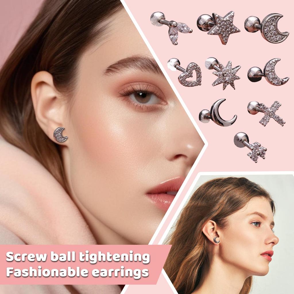 Boucles d'oreilles clous couronne à tige en acier titane et acier inoxydable avec zircon micro-pavé - Boucles d'oreilles mode à boule à vis pour bijoux de piercing occidental