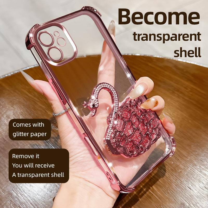 KEYSION Shockproof Plating Phone Case for iPhone 11 12 Pro Max Clear TPU Glitter Jewelled Swan kickstand Back Cover for iPhone 11
