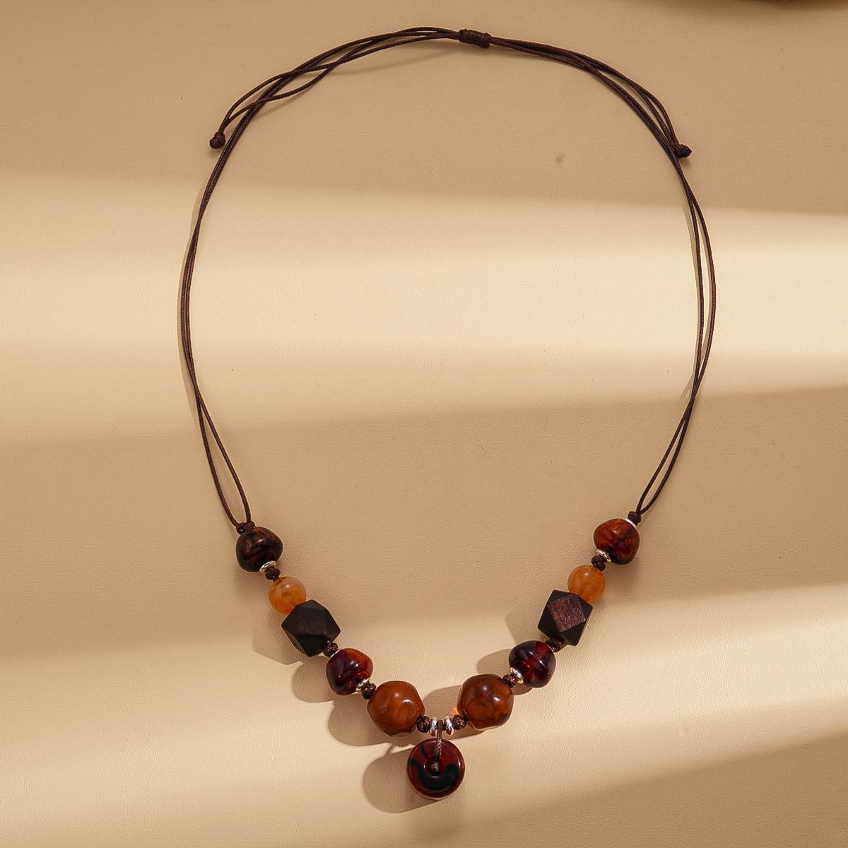 Wind resin wood beaded geometric sweater chain ethnic style temperament necklace