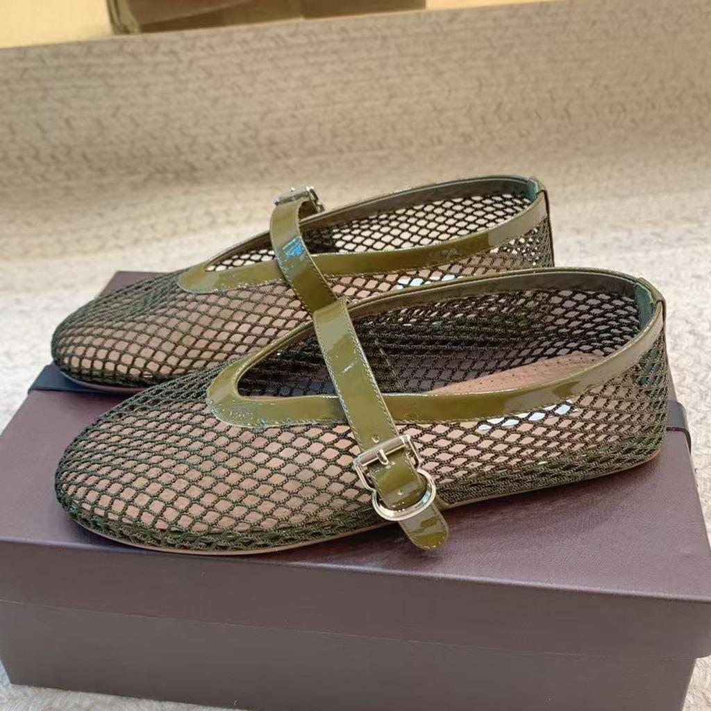 Leisure Fishing Net Flat Ballet Shoes Made Of Genuine Leather With A Straight Cut And Perforated Breathable Mary Jane Single