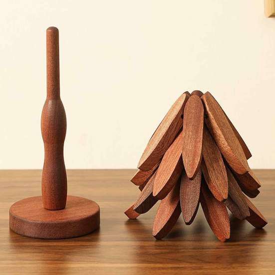 Compact Storage Trivet Set Collapsible Wooden Trivets for Hot Dishes, Christmas Tree Shaped Pot Mat Table, Wood Heat Natural Pine Pad Resistant Holder