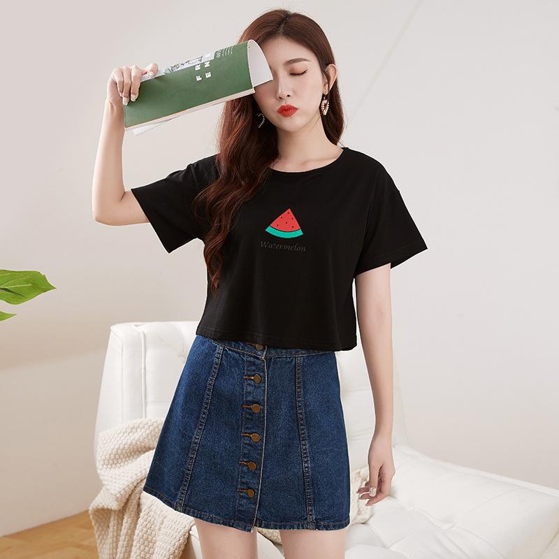 Spring New Short-sleeved Ins Korean Version T-shirt Girls Round Neck Casual Printed Tops Fashionable and Cute Women's Clothing