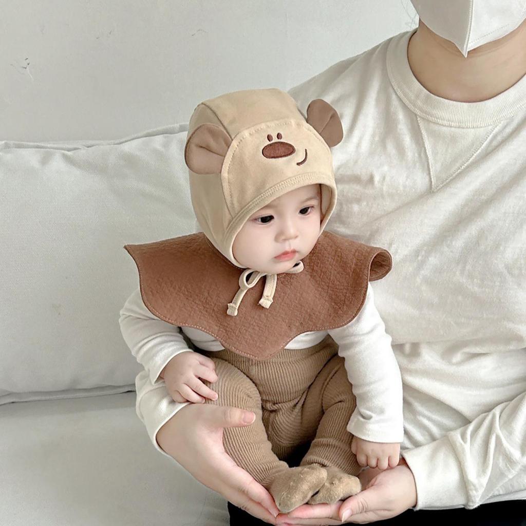 Cute Bear Baby Ear Protection Cap Spring Autumn Cotton Beanie for Infant Boy Gir Solid Color Windproof Bonnet