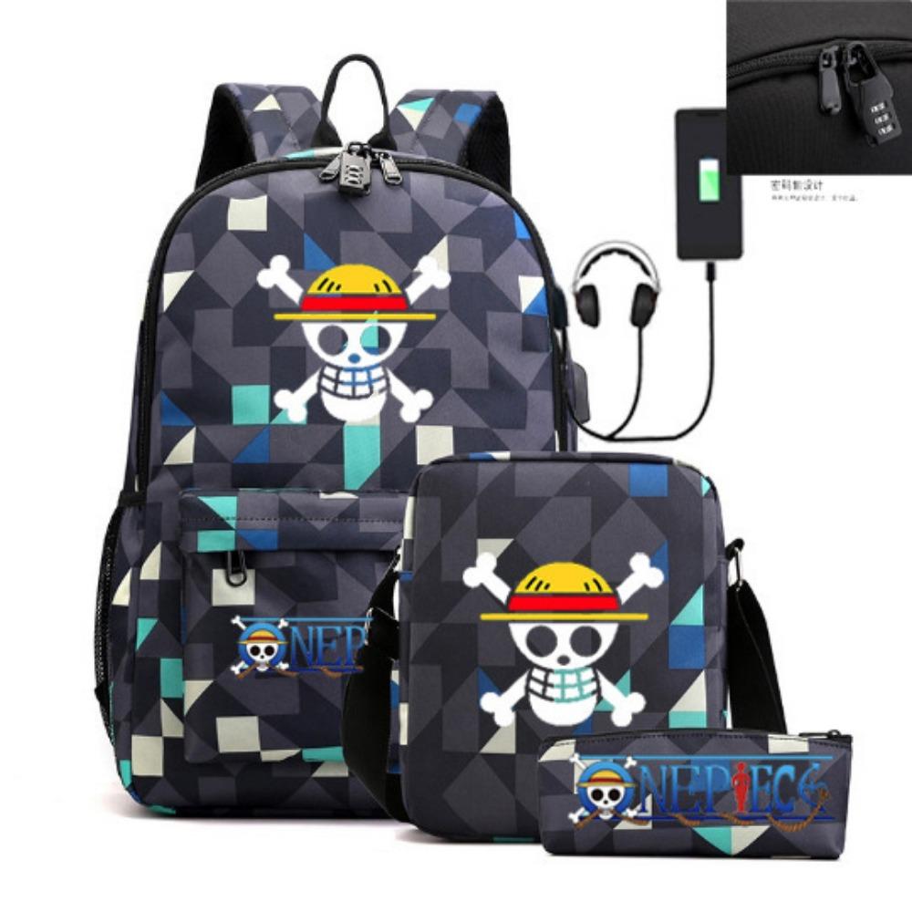 Riman Zaino con lucchetto USB ONE PIECE borsa a tracolla borsa da scuola per studenti astuccio set da tre pezzi uomo e donna