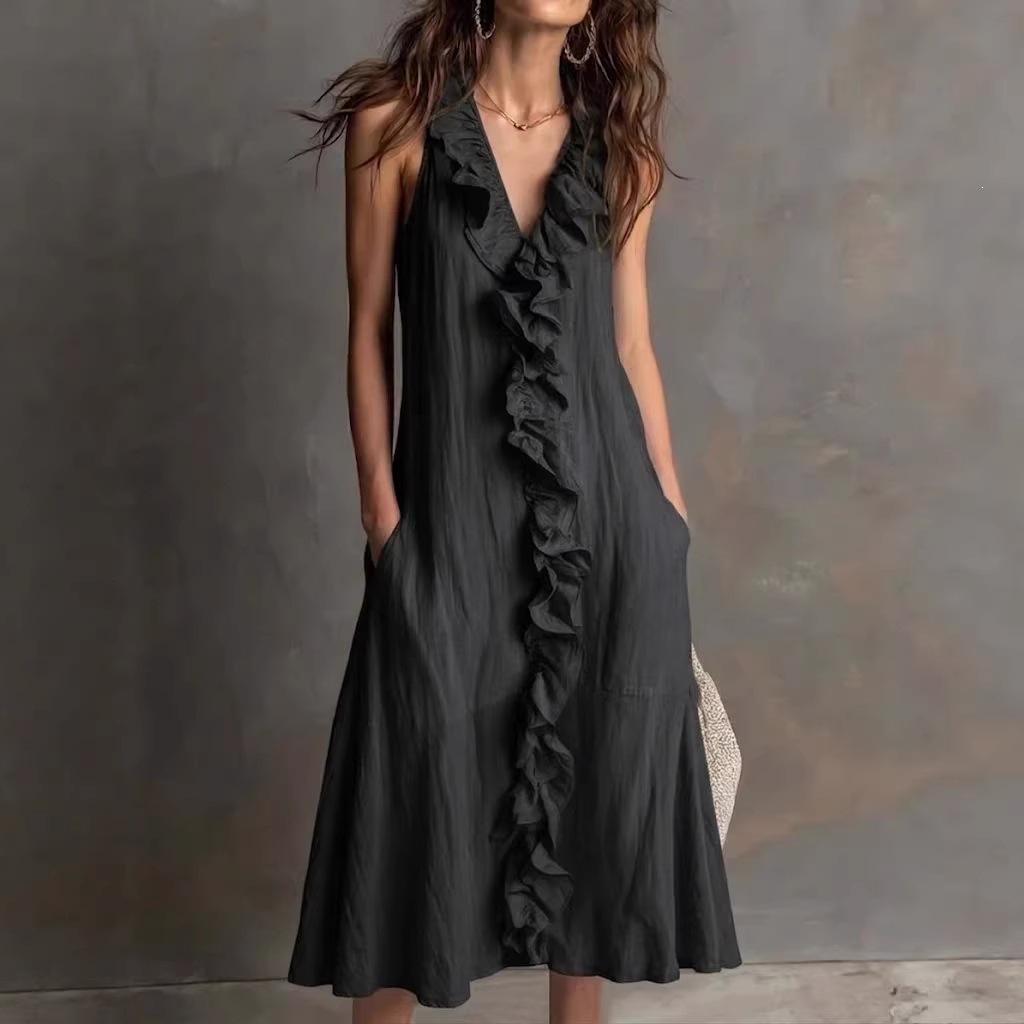 Spot women's clothing spring and summer new solid color sleeveless cotton and linen V-neck large pendulum ruffle edge dress