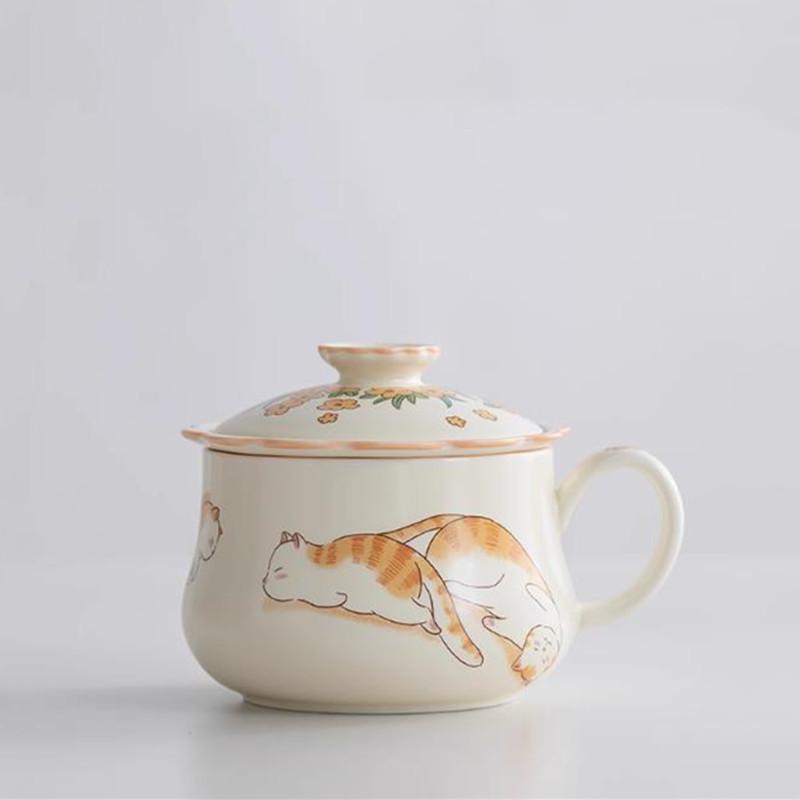 

Chinese Cute Cat Ceramic Tea Cup with Strainer Handmade Teacup Tea Water Separation Mug Household Coffee Cup Teaware 160ml 11x7.7cm 160ml