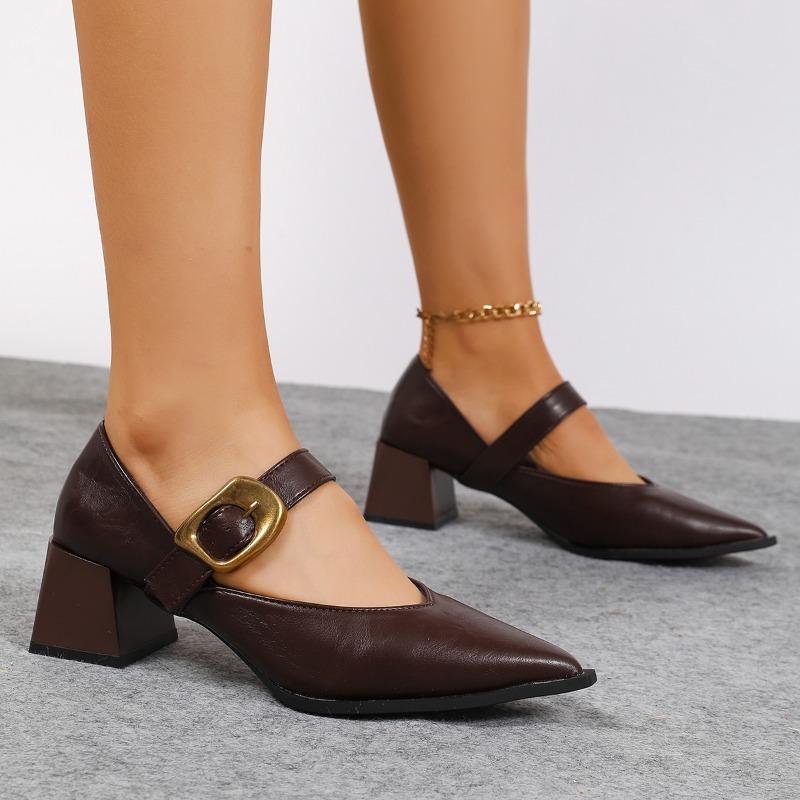 

Fashion Metal One-line Belt Square Heel One Knee Autumn New Pointed Toe Shallow Mouth Non-slip Wear-resistant Low-top Shoes 35