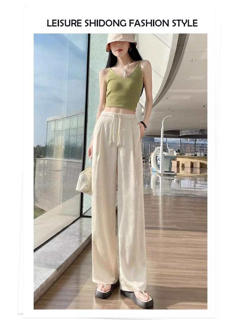 New Chinese Style Women's High-Waist Wide-Leg Pants for Summer - Ice Silk Feel, Floor-Length, Casual Drape.