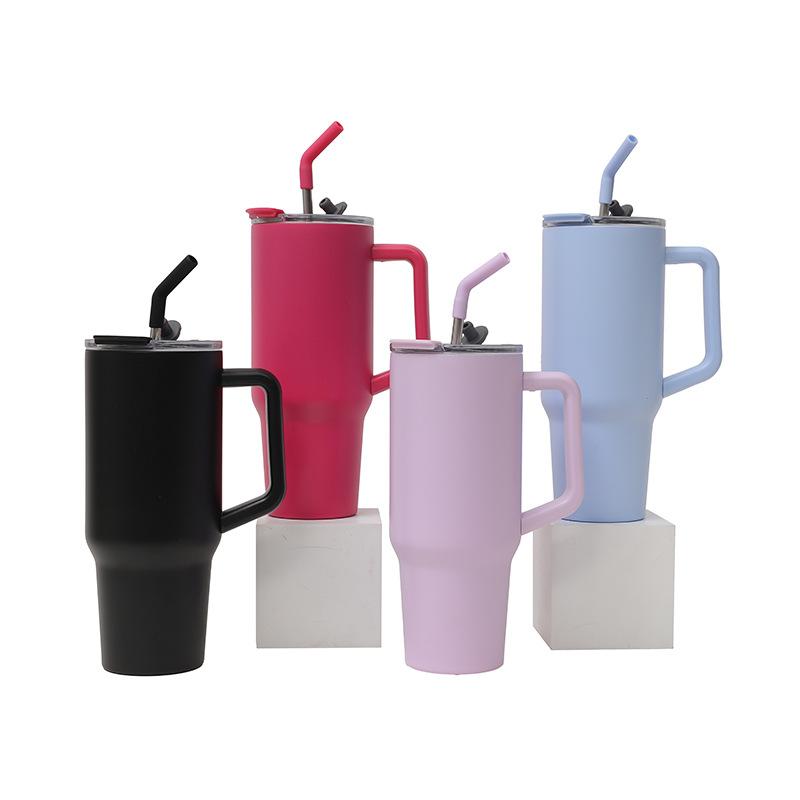 Stainless Steel Handle Car Cup Double Drink Large Capacity Straw Cup Household Solid Color Light Luxury Thermos Cup