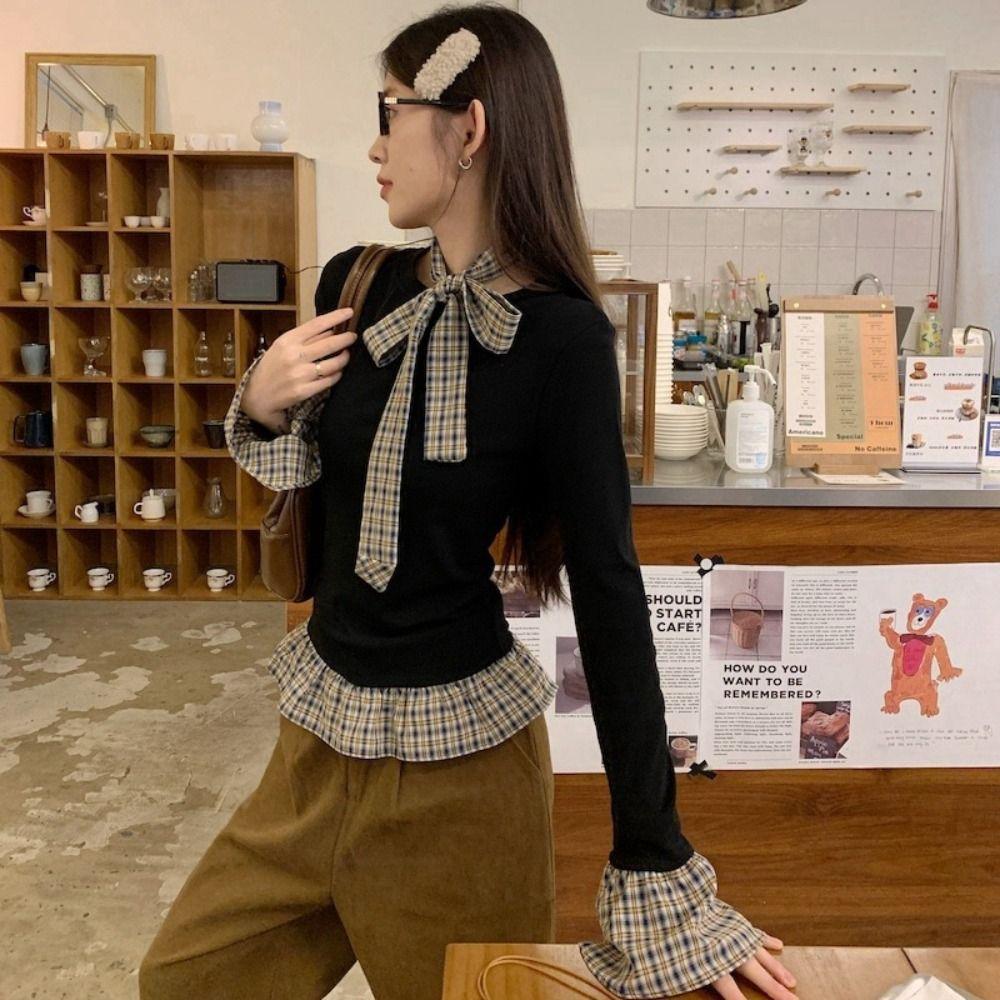 Lattice Ruffle Faux Two Piece T Shirt Sweet Slim Fit Top Soft Long Sleeve Top Spring