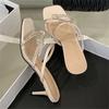 Eilyken New Summer Crystal Diamond Narrow Band Square Toe Women Slippers Thin Heels Stripper Party Slide Shoes