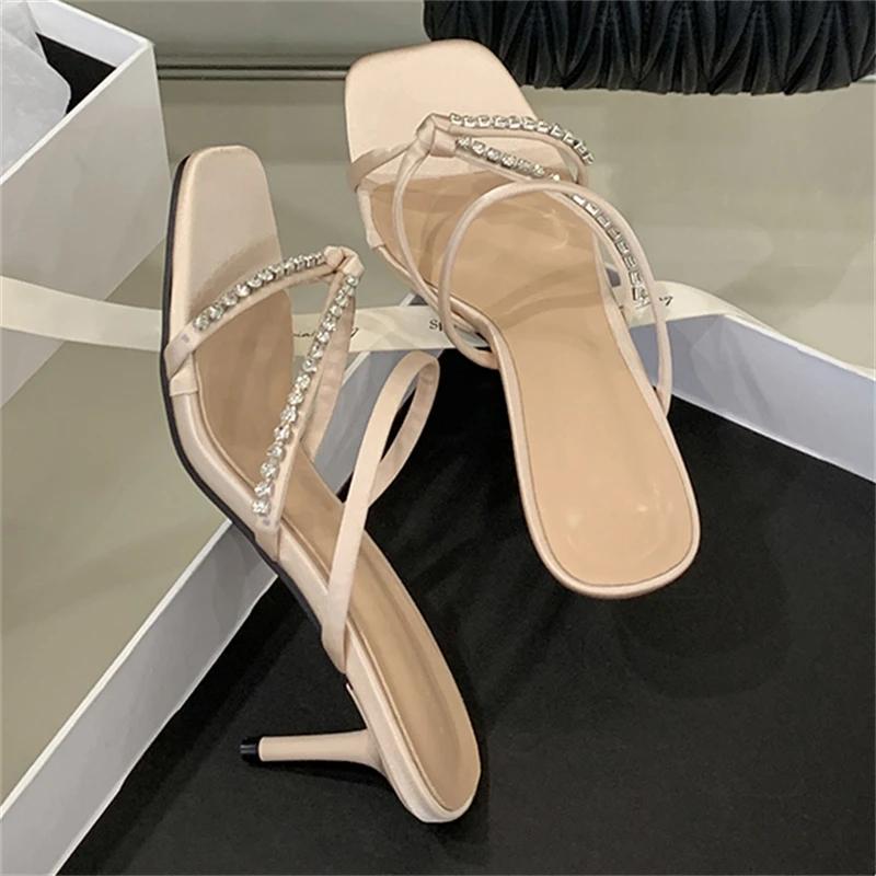 Eilyken New Summer Crystal Diamond Narrow Band Square Toe Women Slippers Thin Heels Stripper Party Slide Shoes