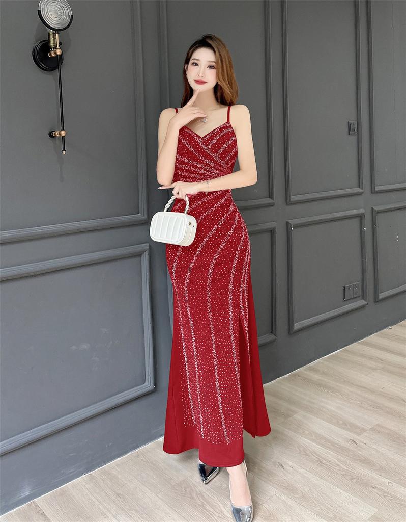 New navy blue suspender V-neck sexy dress birthday party light luxury niche design host split dress