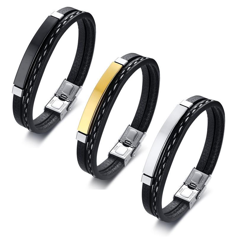 Men s Bracelet Stainless Steel and Curved PU Leather Woven Black Gift 5mm&18cm