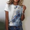 2025 New Summer Temperament Women's Floral Blue Printed Women's T-shirt Round Neck Short Sleeve Street Casual Daily Basic Tops