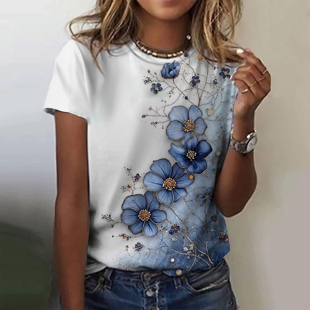2025 New Summer Temperament Women's Floral Blue Printed Women's T-shirt Round Neck Short Sleeve Street Casual Daily Basic Tops