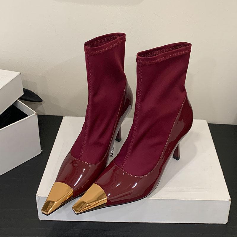 

Мода Новая Мода Металлический Острый Носок Современные Женские Ботильоны На Каблуках Обувь Элегантные Женские Стрейч Сапоги Женские Туфли-Лодочки 35 красный