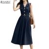 ZANZEA Women Summer Turn Down Collar Casual Sleeveless Long Dress