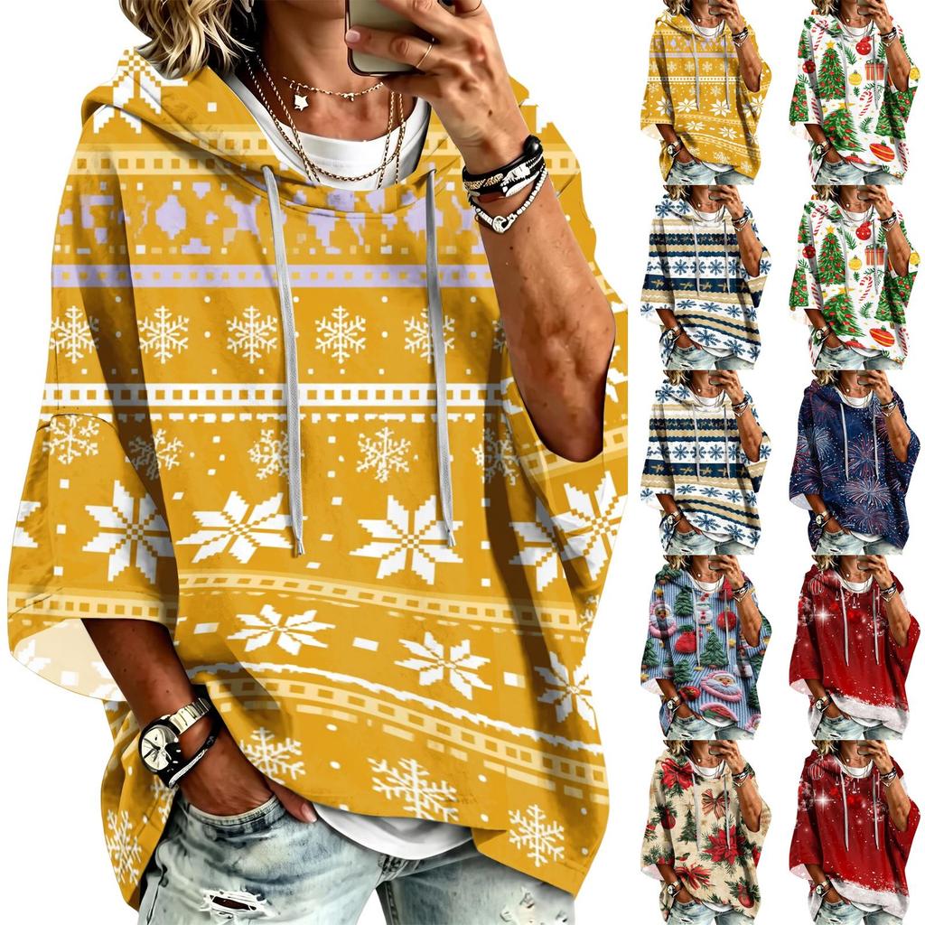 Women's 3/4 Sleeve Christmas Print Hooded Pullover Top Casual Holiday Outfit