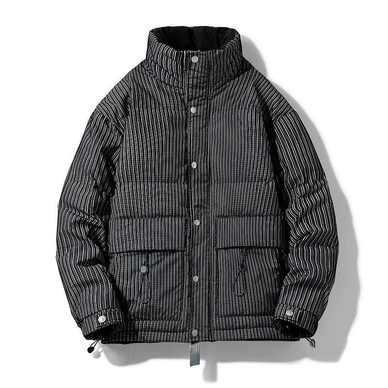 

Striped stand-up collar down jacket men s loose Korean version of winter new thickened warm couple overalls 4XL чёрный
