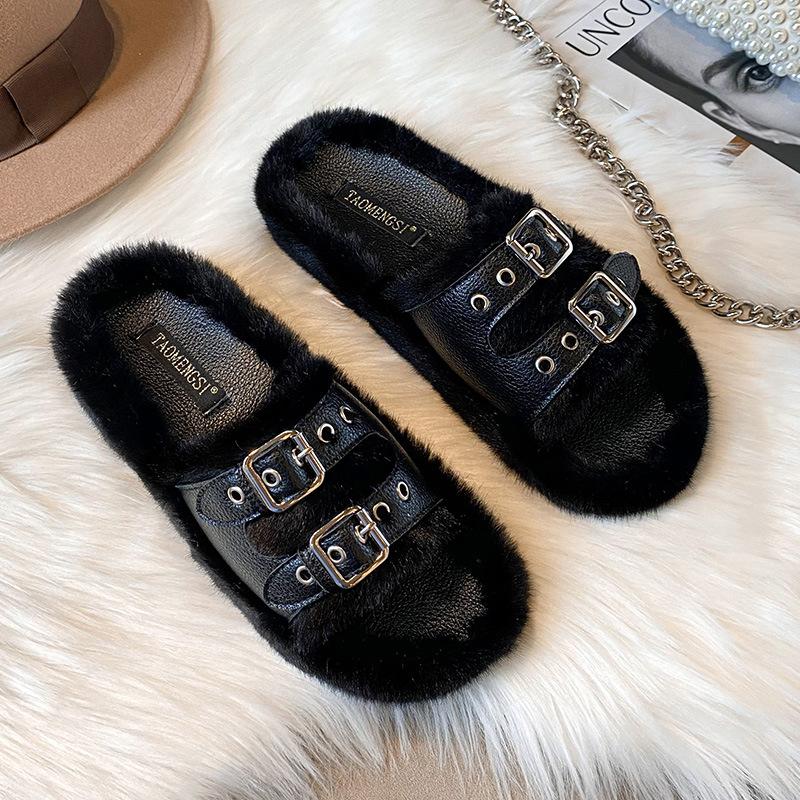 TX-4 Double-breasted Flat Bottom Home Thick Bottom Fluffy Outer Wear Fluffy Slippers Women's Autumn and Winter~
