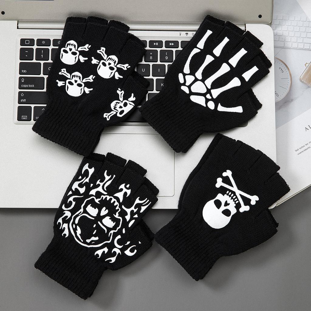 Boys' Halloween decorative warm gloves Fall and Winter split fingers open-fingered knit gloves Fashion skull hand pattern gloves