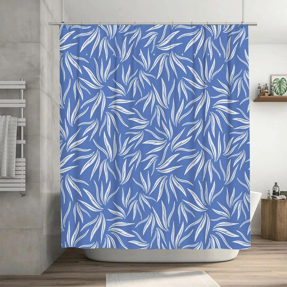 Modern Style Bathroom Shower Curtain with Waterproof Printing Pattern, Blue Color Decorative Fabric for Bathtub