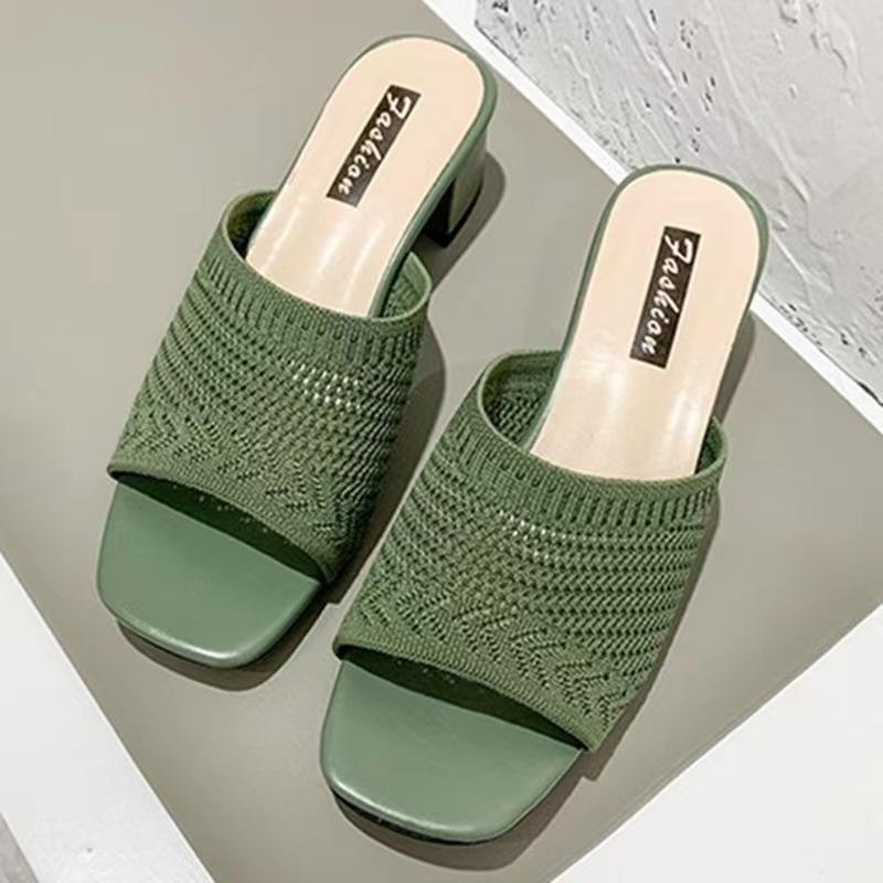 Medium heel cool slippers women's 2025 summer new Korean version of flying woven outer wear one word fashion women's cool slippers