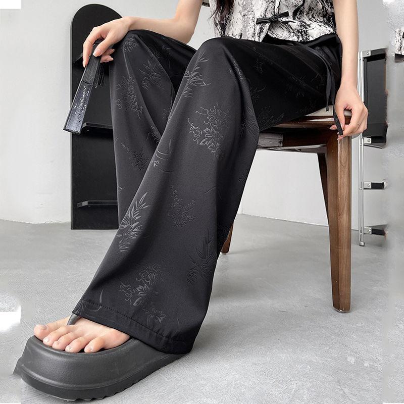 

Брюки кэжуал в китайском стиле с жаккардовым переплетением, летние, с широкими штанинами, женская одежда, с высокой посадкой, свободные, стильные, на кулиске, базовые брюки, новые XXXL чёрный