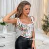 Leaf Print Vintage Bra French Retro Breast-wrapped Palace Corset with Front Strap U-neck Outer Vest for Women