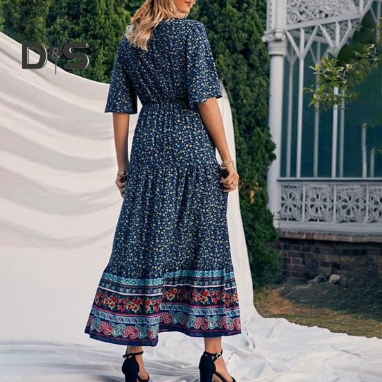 Dámské šaty Etnický bohémský styl Potisk Výstřih do V Krátké rukávy Pružný pas Skládaný Patchwork Maxi šaty A-line Letní dovolená Plážové šaty