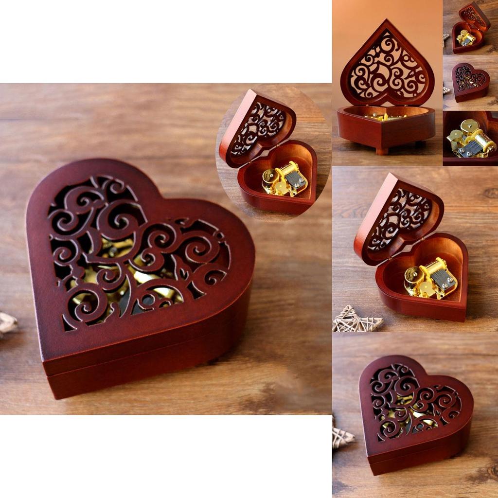 Urocza prostokątna rzeźbiona drewniana pozytywka nakręcana z melodyjnymi melodiami